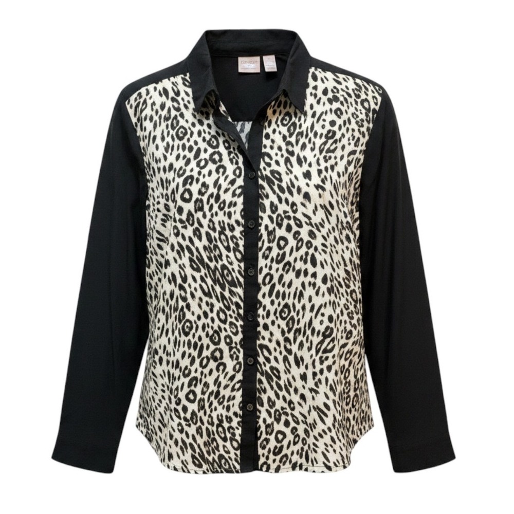Chico's Leopard Print Button Down Sheer Blouse Black Long Sleeve Women's‎ XL (3)